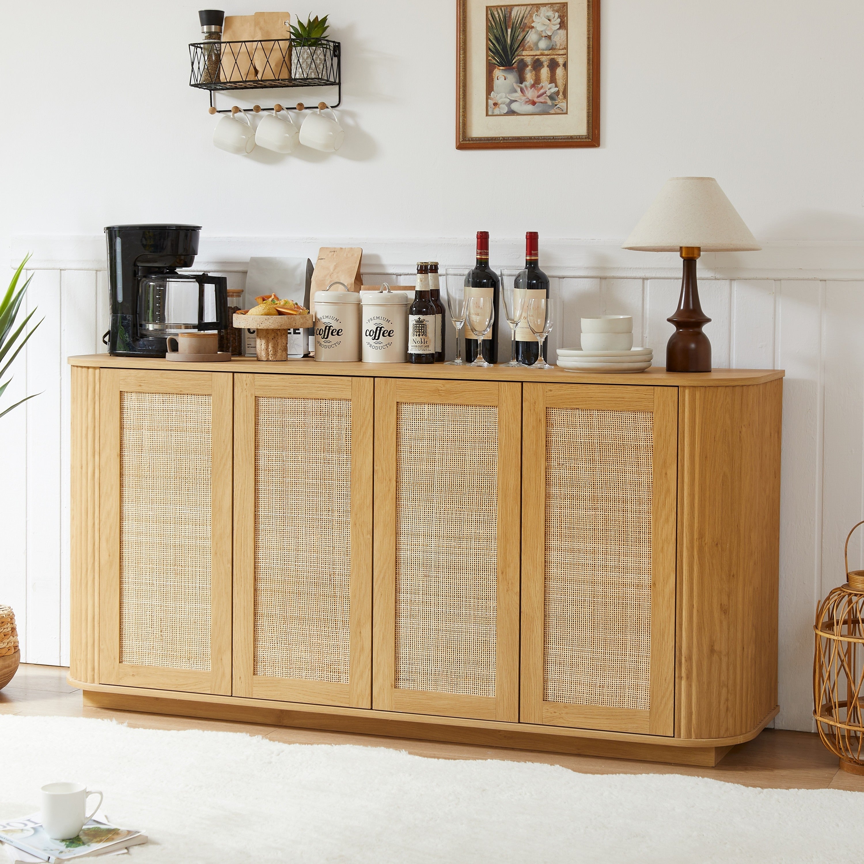 Contemporary Wave Shaped 64-Inch TV Stand with Rattan Doors in Natural Wood Finish