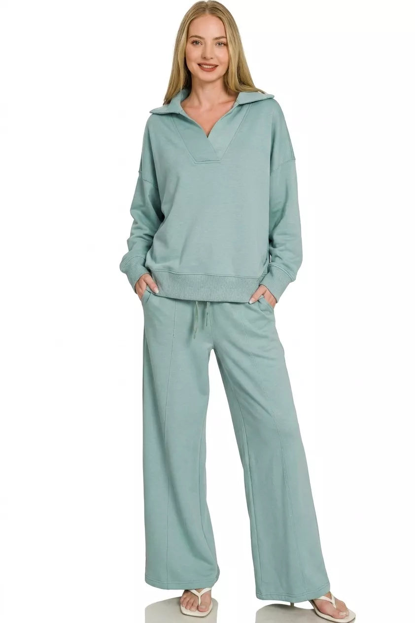 Zenana Scuba Collared Pullover & Center Seam Pants Set
