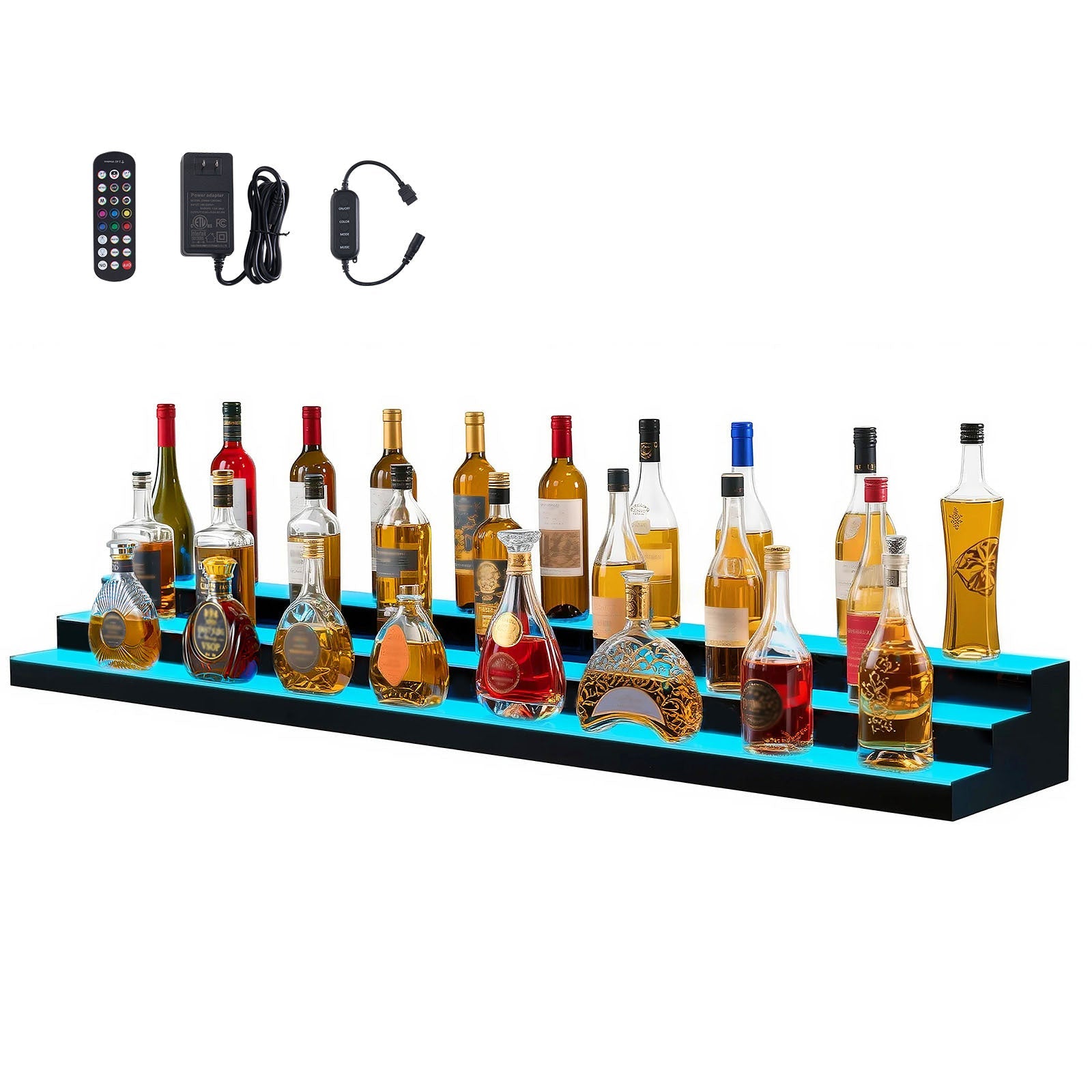 LED Lighted Liquor Bottle Display, 3-Tier 70 Inch, Illuminated Home Bar Shelf with RF Remote & App Control, 7 Static Colors, Acrylic Lighted Whiskey Shelf for 52 Bottles, Powered by Adapter Only
