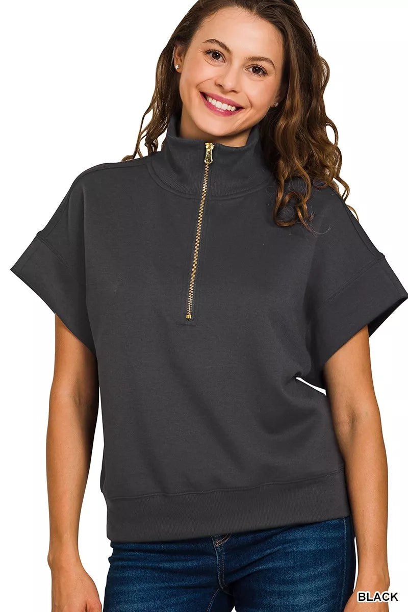 Zenana Full Size Scuba High Neck Half Zip Short Sleeve Top Plus Size