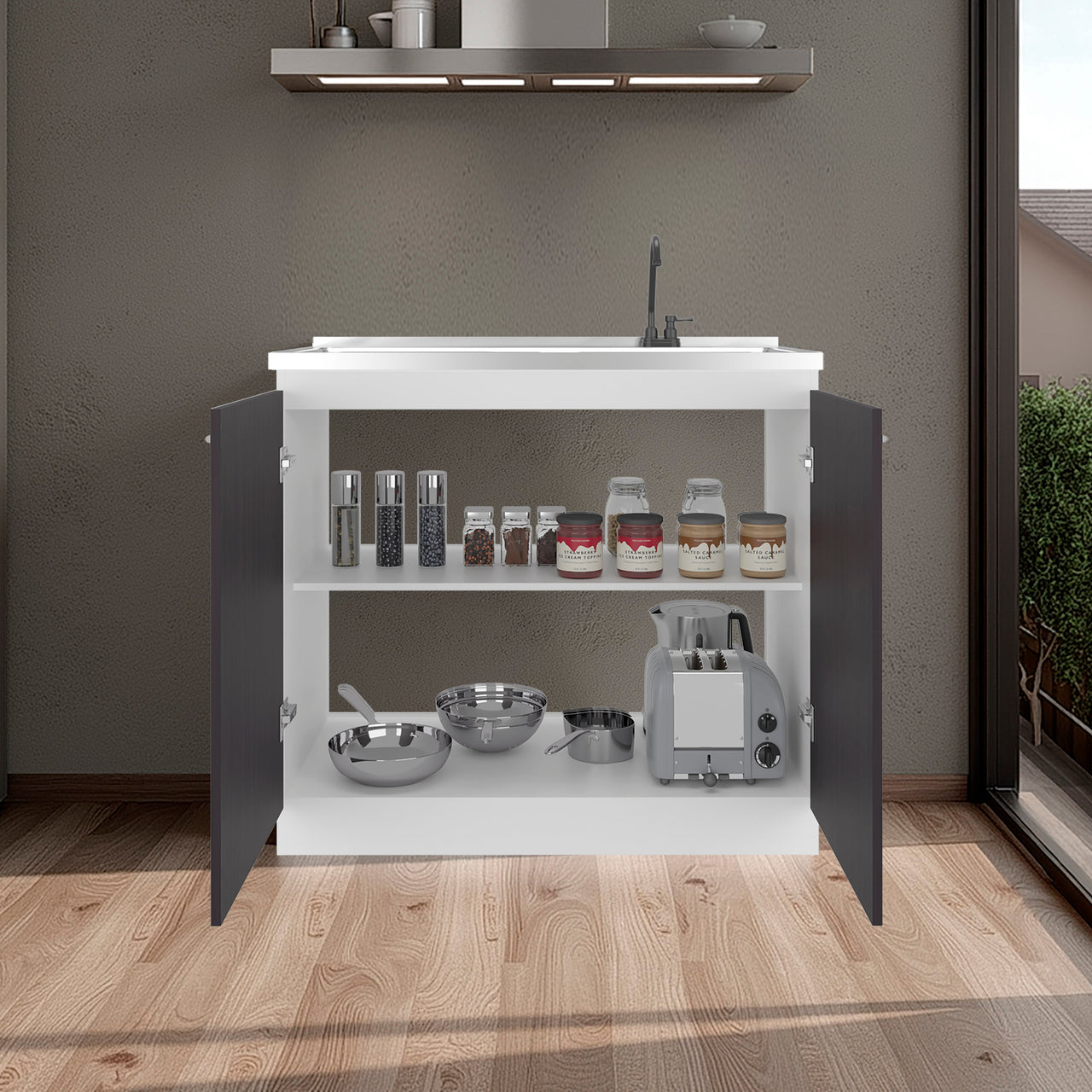 Napoles Utility Sink with Faucet Inclued and Integrated Stainless Steel Counter top, Freestanding cabinet with two doors, Metal Handles and Two interior shelves, Black & White Print