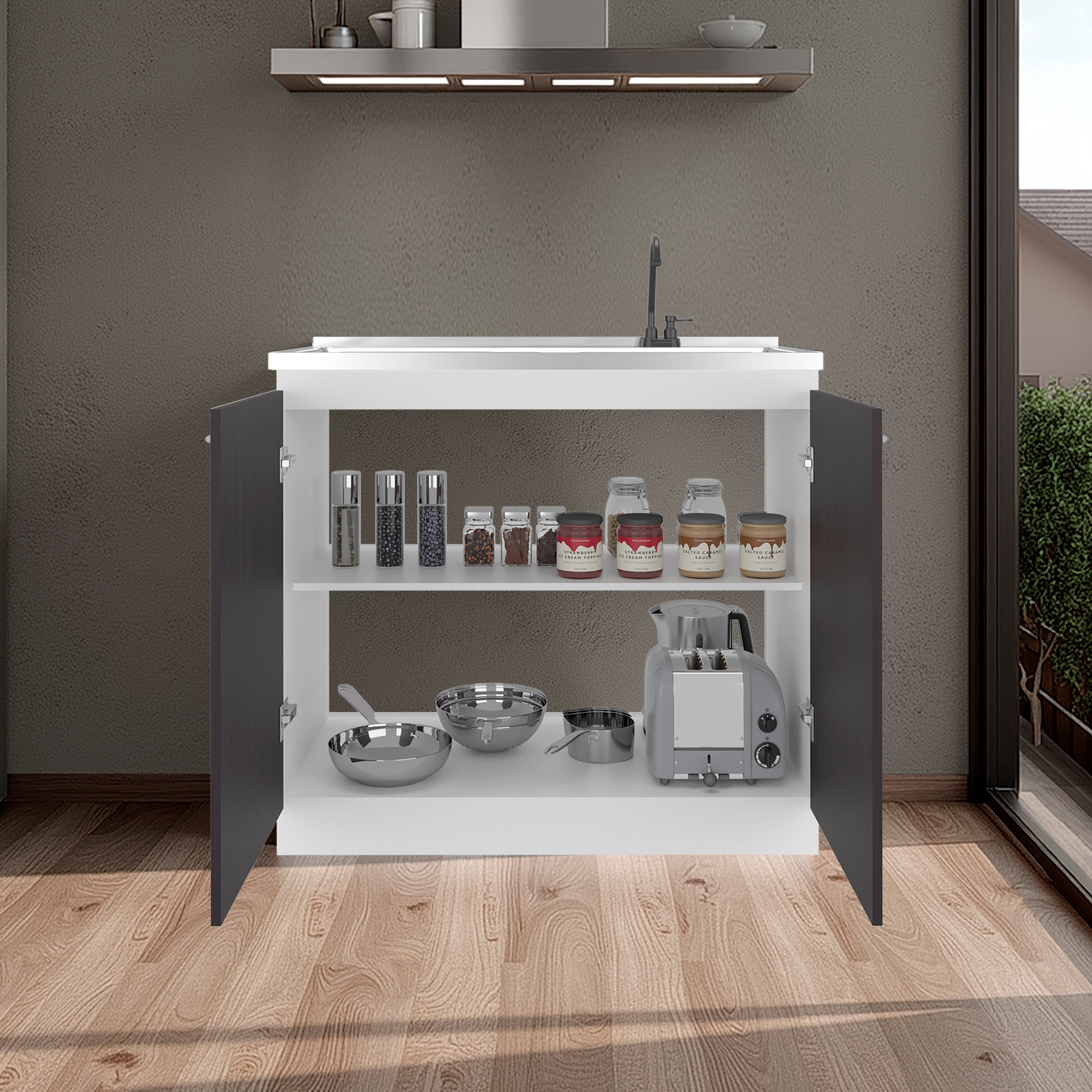 Napoles Utility Sink with Faucet Inclued and Integrated Stainless Steel Counter top, Freestanding cabinet with two doors, Metal Handles and Two interior shelves, Black & White Print