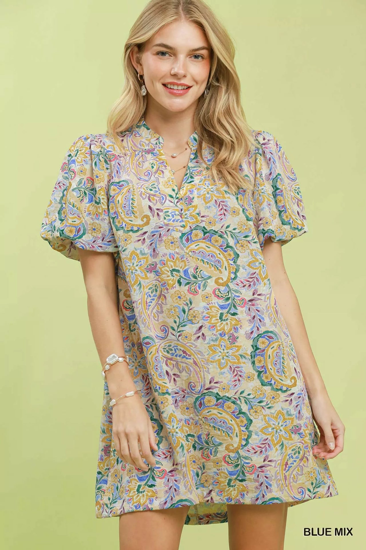 Umgee Paisley Floral Puff Sleeve Shift Dress