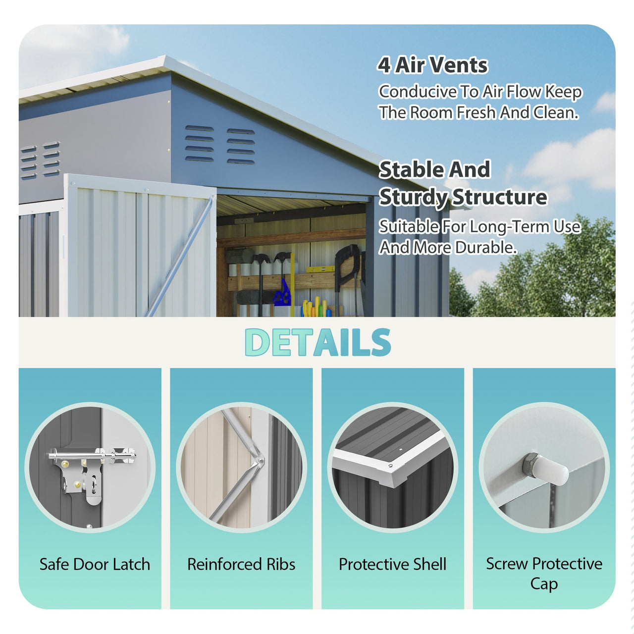 4x8 Slope-Roof Reinforced Storage Shed with Weatherproof Sloping Roof & 4 Air Vents, Heavy-Duty Sturdy Metal Frame, Left/Right Optional Door, Outdoor Tool Shed Warehouse for Garden Storage Pet House