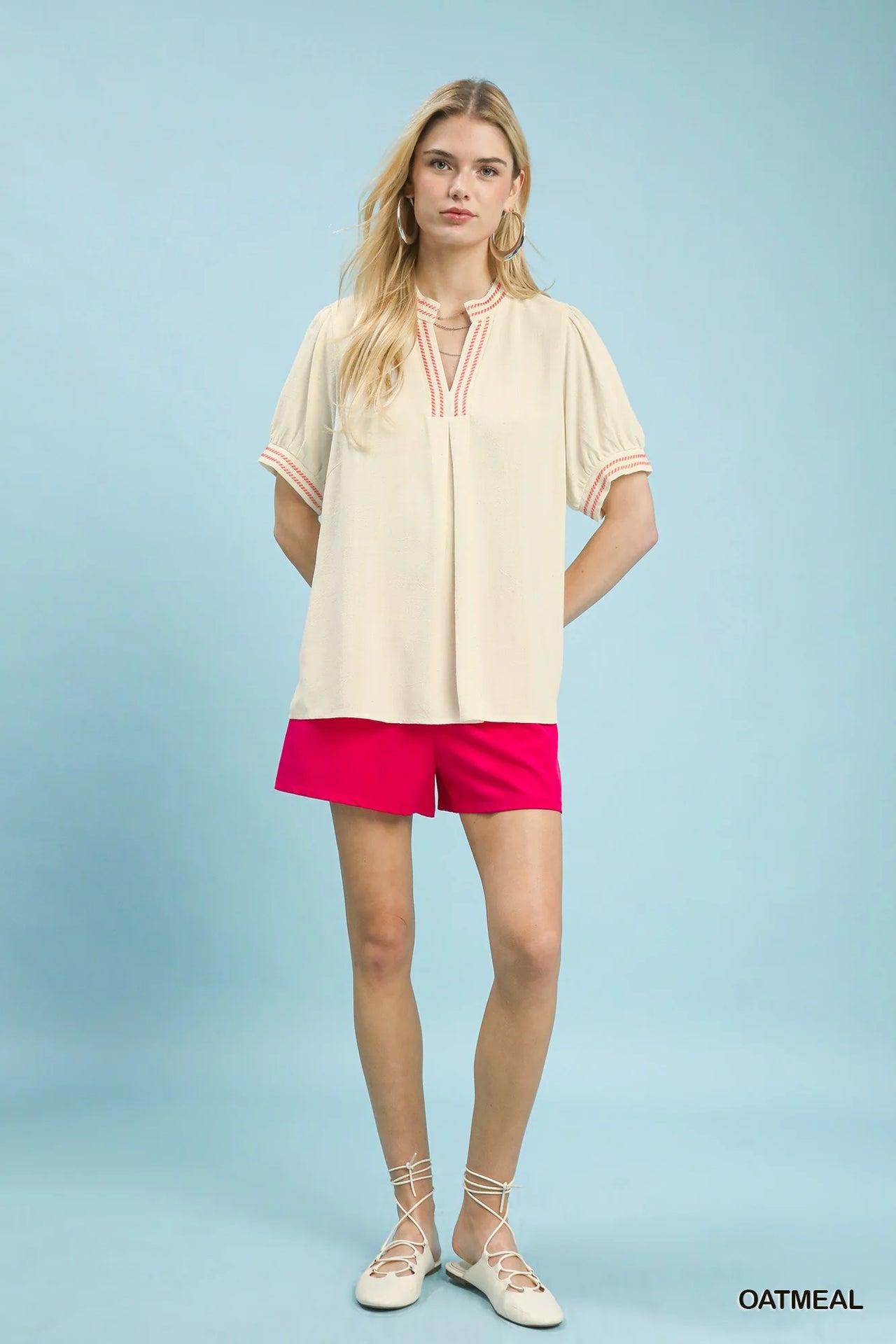 Umgee Embroidery Linen Puff Sleeve Blouse