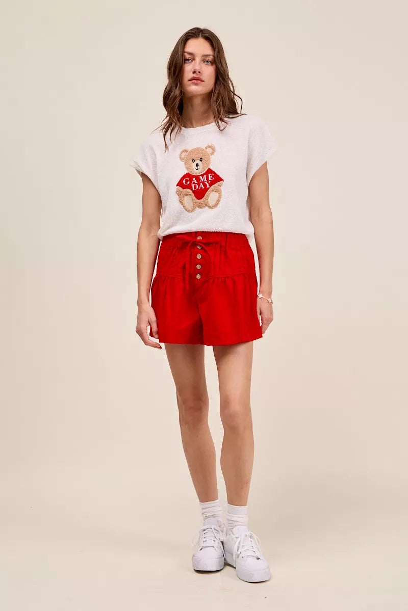 SO ME Solid Twill Denim Pintucked Buttoned Shorts With Waist Tie