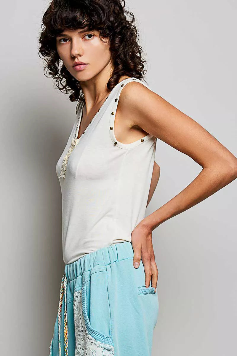 POL Studded Trim Button-Front Ruffle Detail Tank