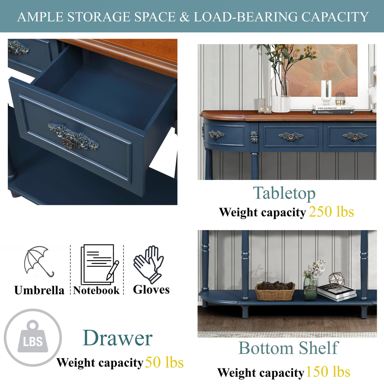 Retro Curved Wood Console Table, 52 inch Circular Half Moon Sofa Table with Open Shelf and 2 Drawers, Solid Wood Entry Table for Living Room, Hallway, Navy Blue + Brown Top