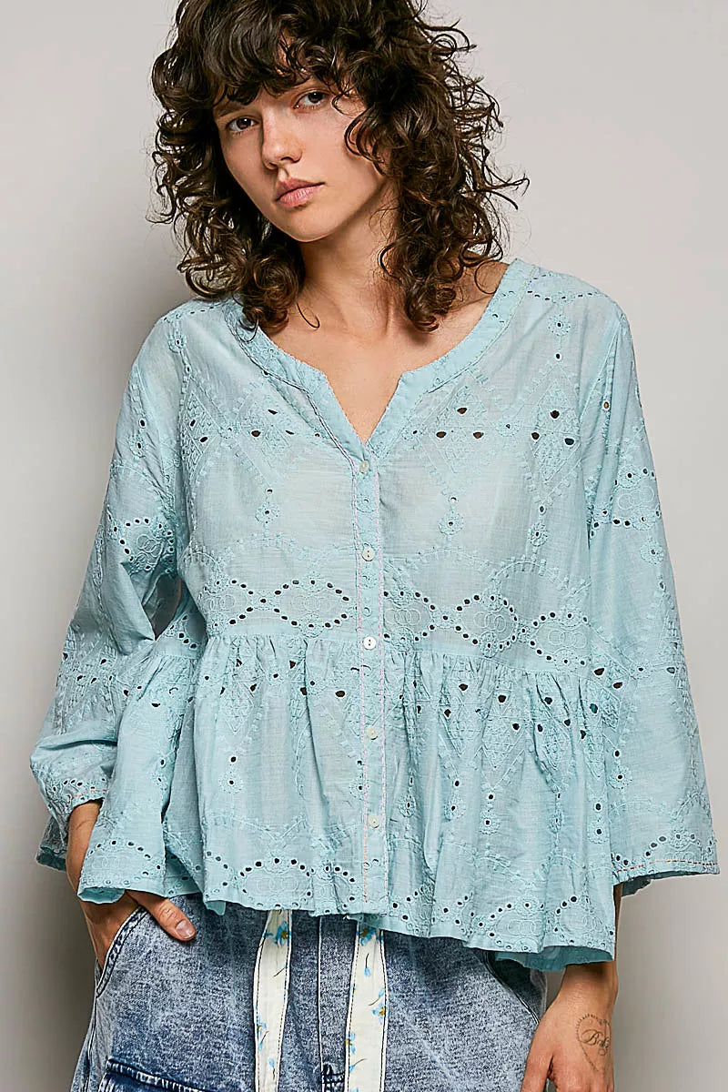 POL Eyelet Embroidery Peplum Button Front Cotton Shirt