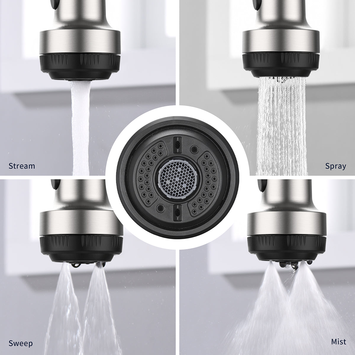 Kitchen Faucet with Pull Down Sprayer and 4 Spraying Modes Single Handle Commercial Spring Kitchen Sink Faucet Brushed Nickel 1 or 3 Hole