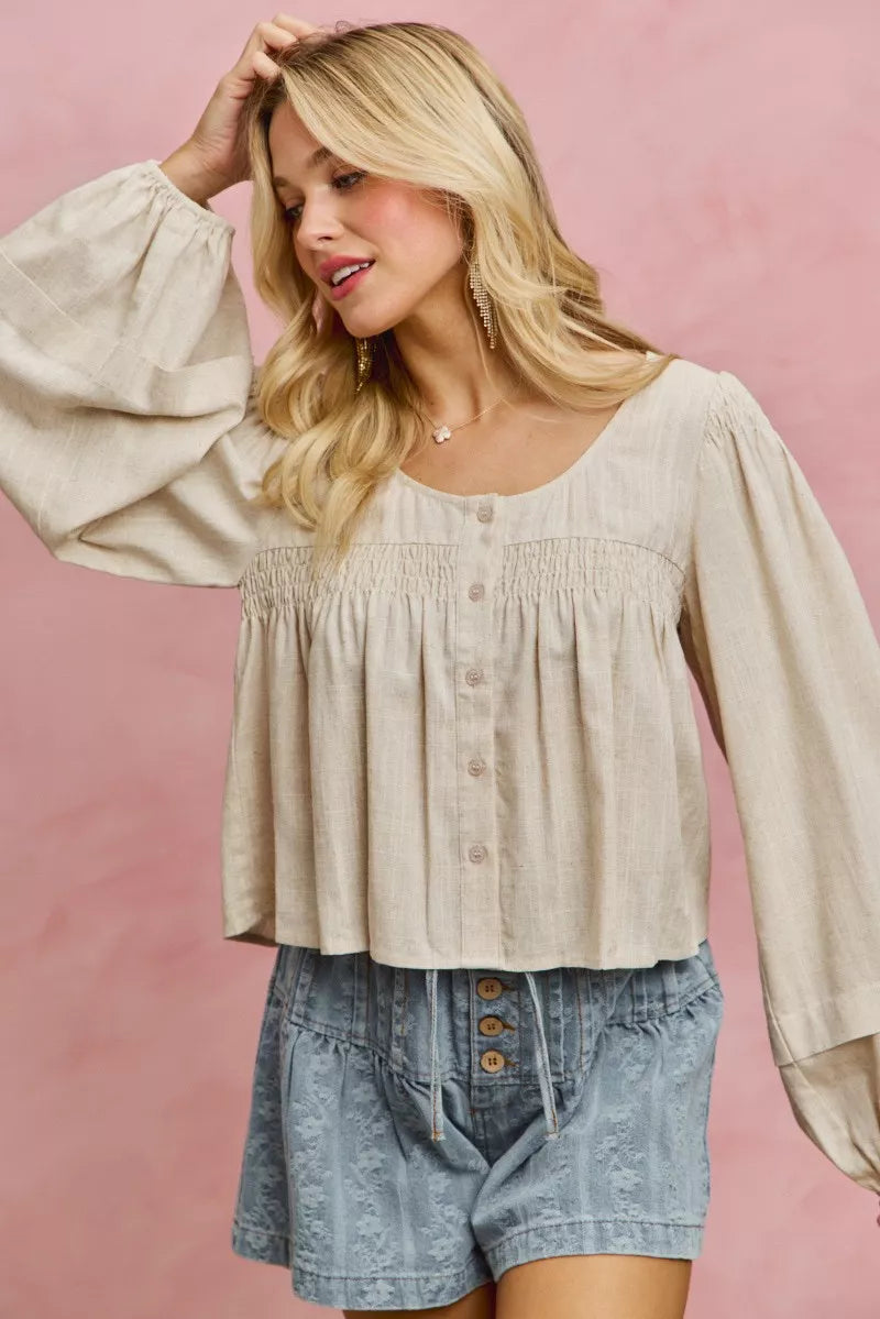 SO ME Linen Blend Woven Long Sleeve With Smocking Top