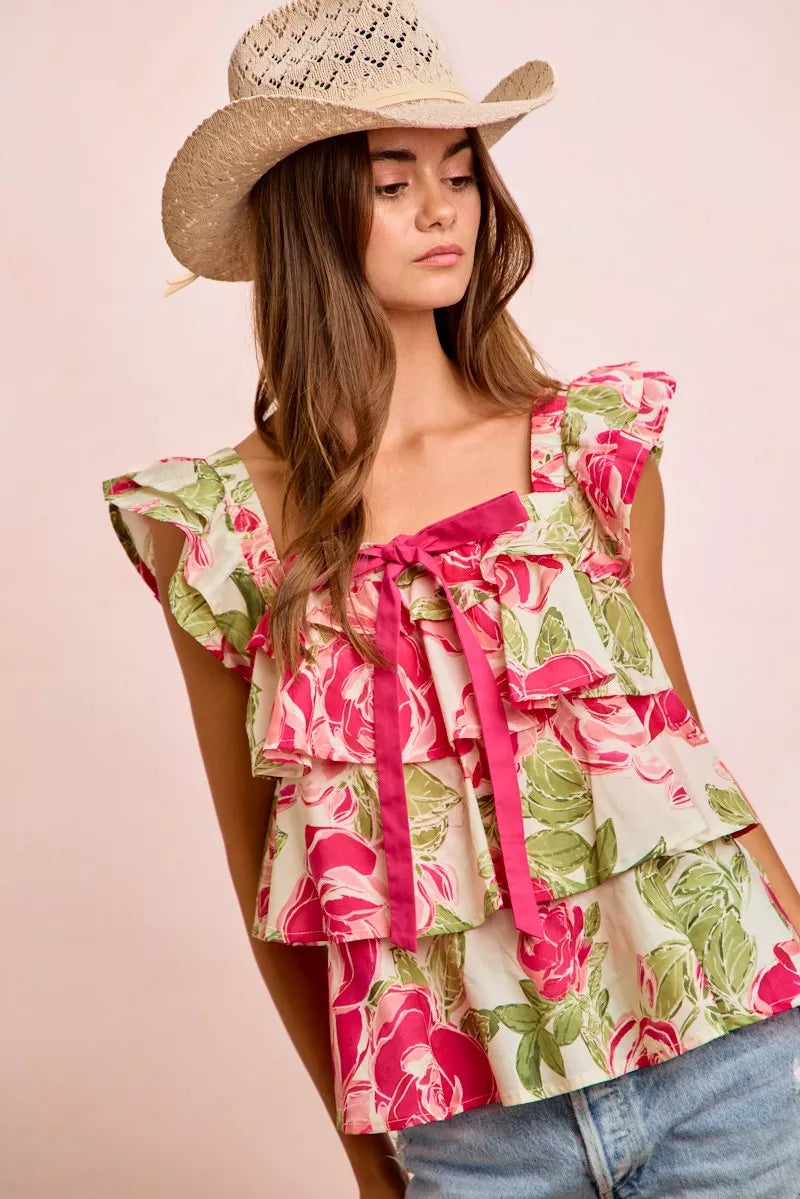 BiBi Floral Print Woven Bow Tie Ruffle Square Neck Top