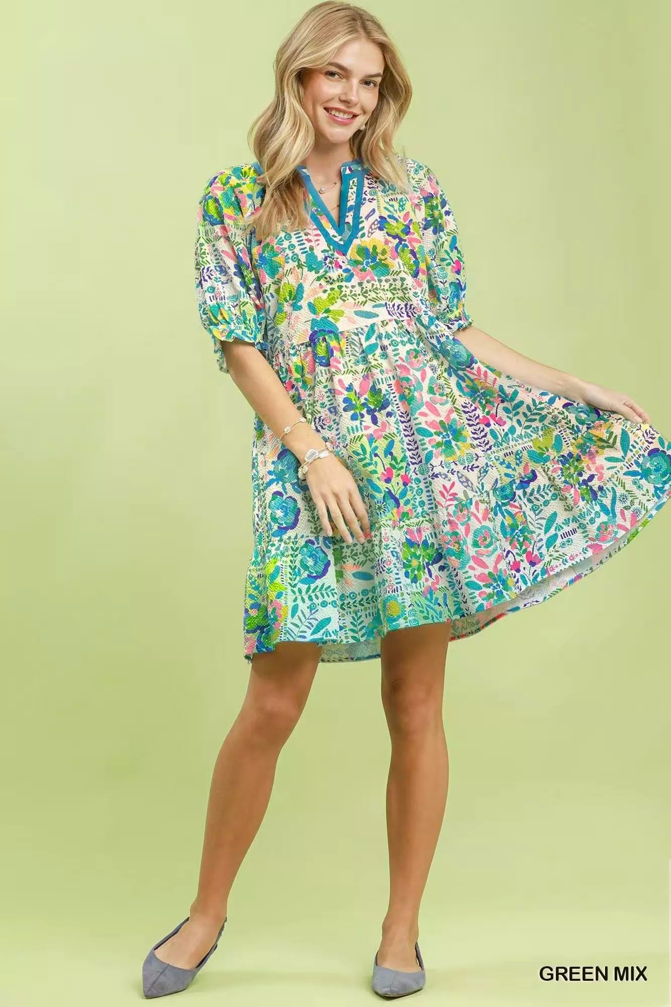 Umgee Mix Botanical Print Puff Sleeve Tiered Dress