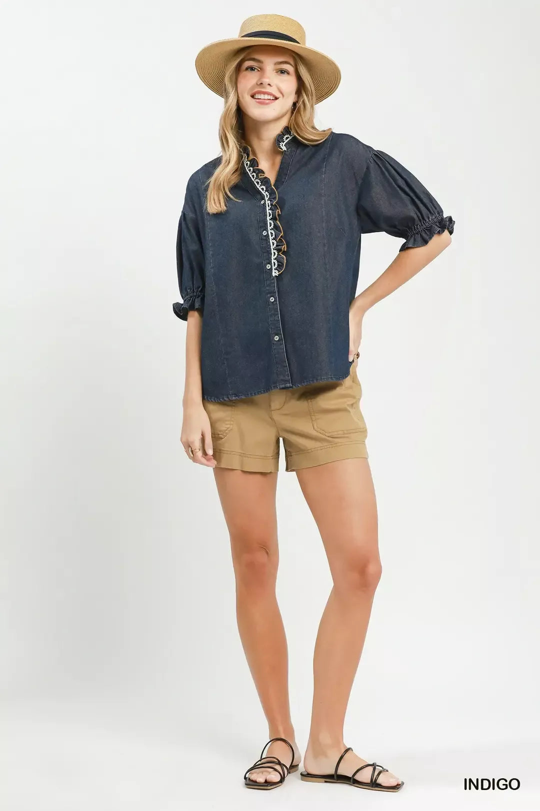 Umgee Chambray Scalloped Trim Button Front Blouse