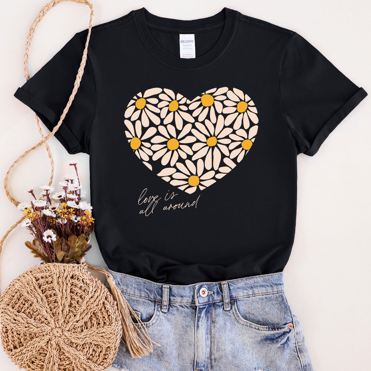 Love Is All Around Daisy Heart Floral Bouquet Vintage Valentine Design Graphic Tee