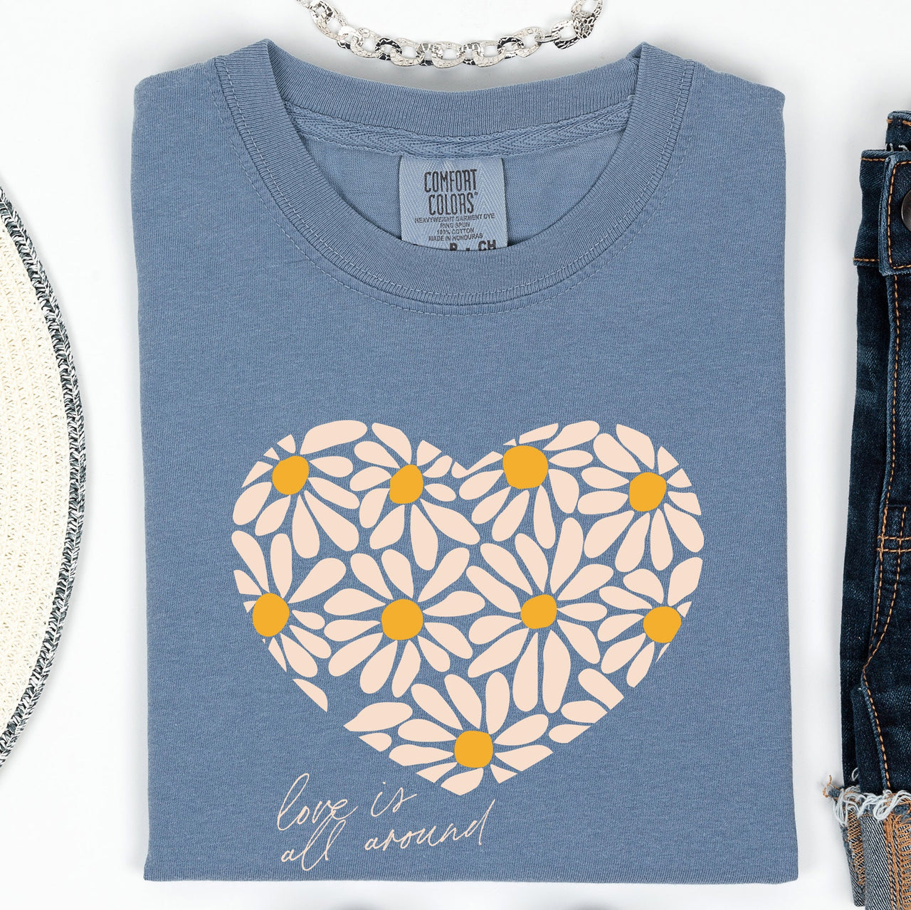 Love Is All Around Daisy Heart Floral Valentine's Day Theme Limited Edition Comfort Colors Tee