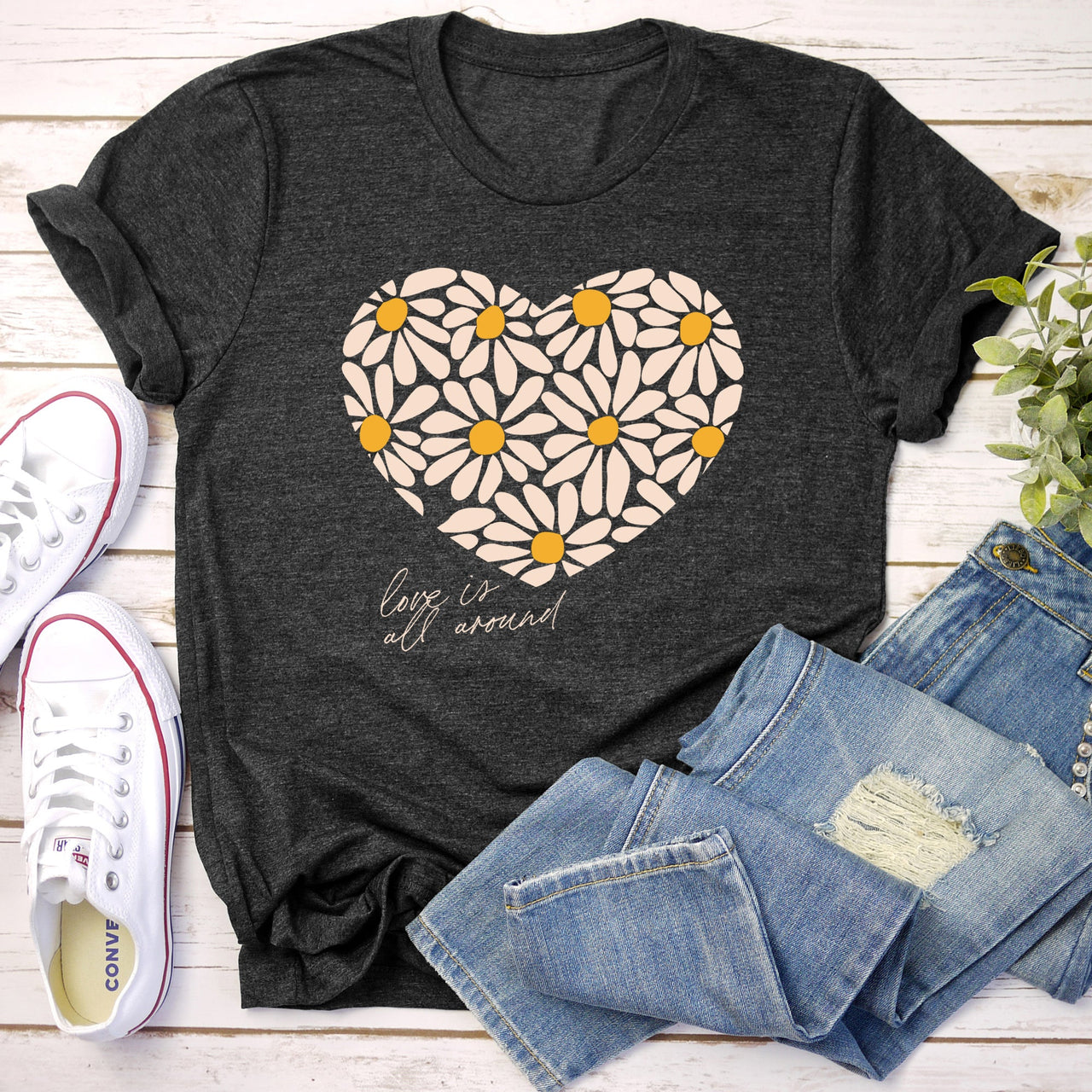 Love Is All Around Daisy Heart Floral Bouquet Vintage Valentine Design Graphic Tee