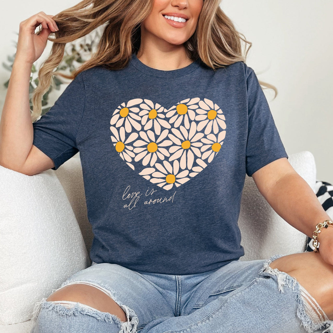 Love Is All Around Daisy Heart Floral Bouquet Vintage Valentine Design Graphic Tee