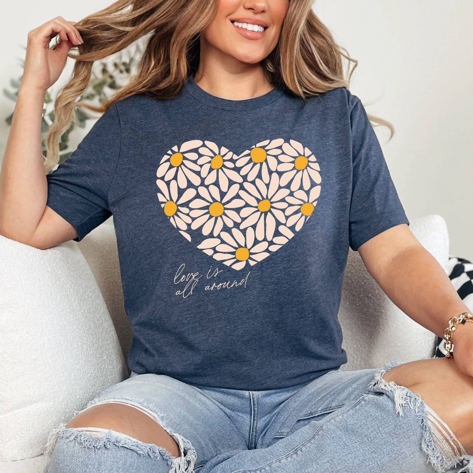 Love Is All Around Daisy Heart Floral Bouquet Vintage Valentine Design Graphic Tee