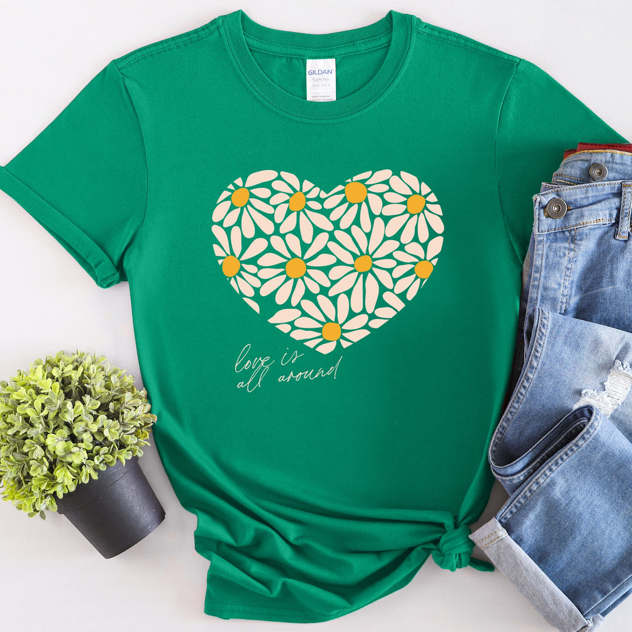 Love Is All Around Daisy Heart Floral Bouquet Vintage Valentine Design Graphic Tee