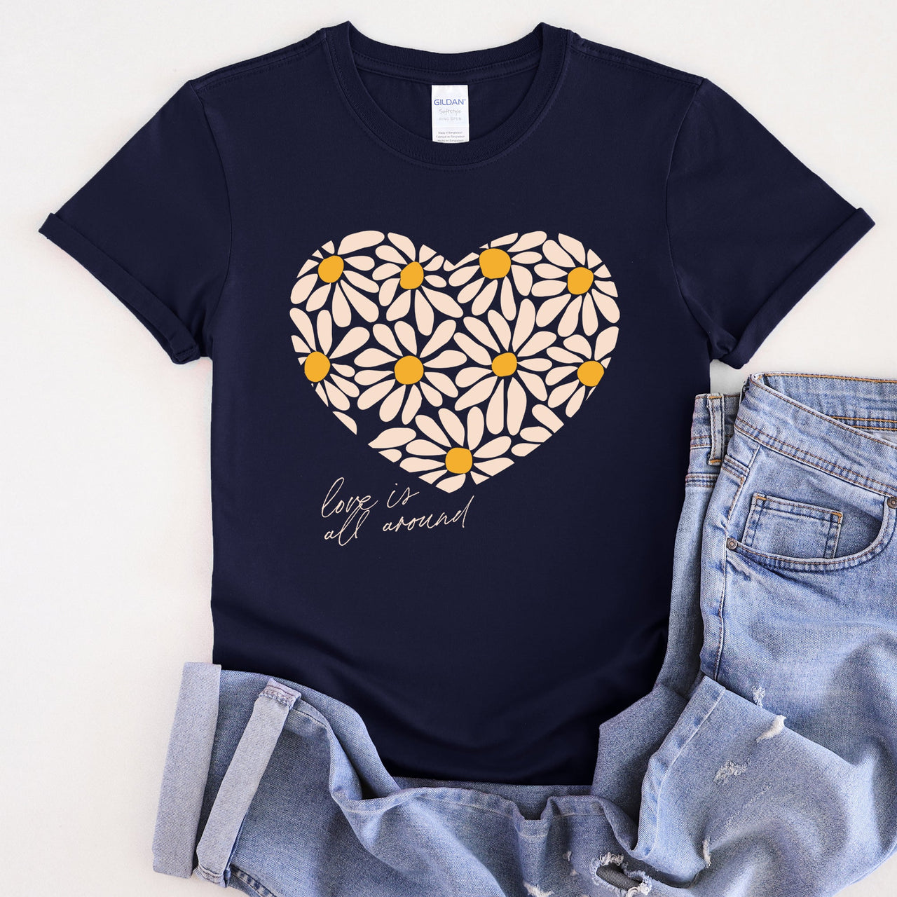 Love Is All Around Daisy Heart Floral Bouquet Vintage Valentine Design Graphic Tee