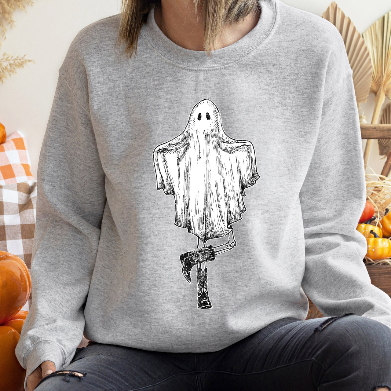 Dancing Ghost Halloween Graphic Design In Haunted Night Vintage Style Sweatshirt