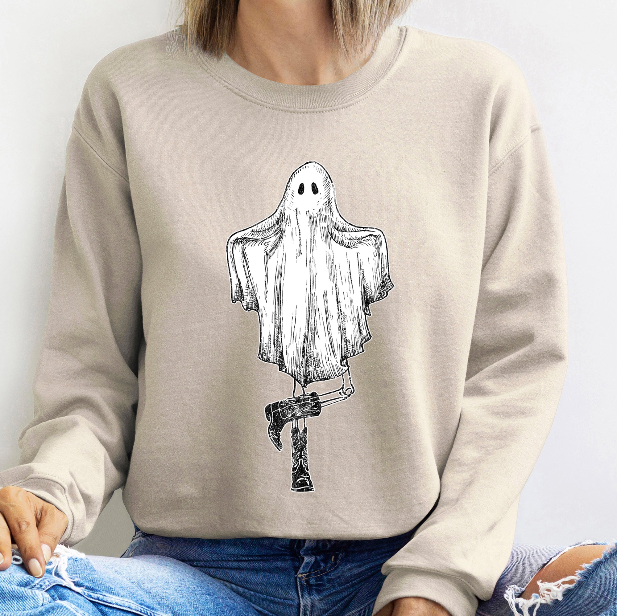 Dancing Ghost Halloween Graphic Design In Haunted Night Vintage Style Sweatshirt