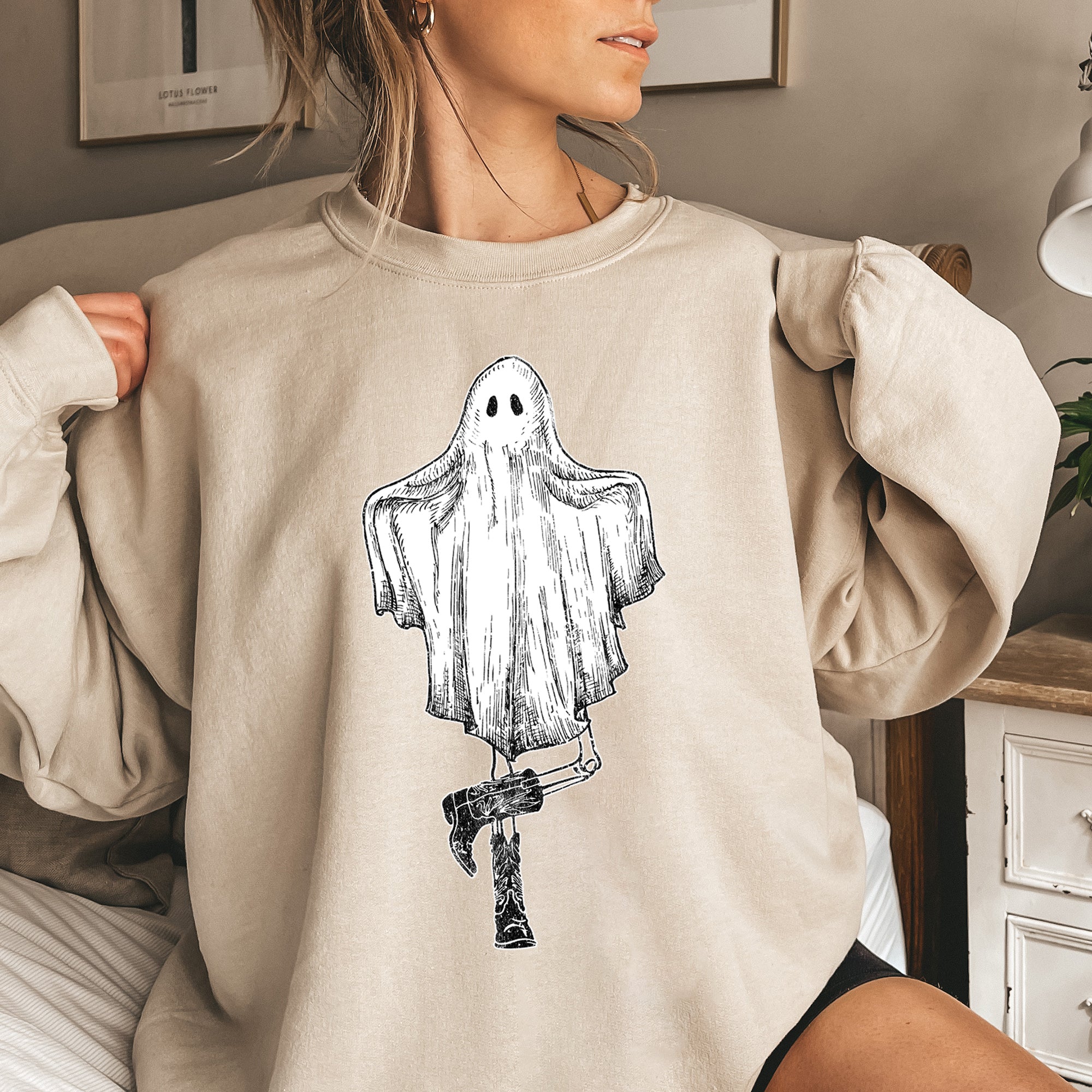 Dancing Ghost Halloween Graphic Design In Haunted Night Vintage Style Sweatshirt