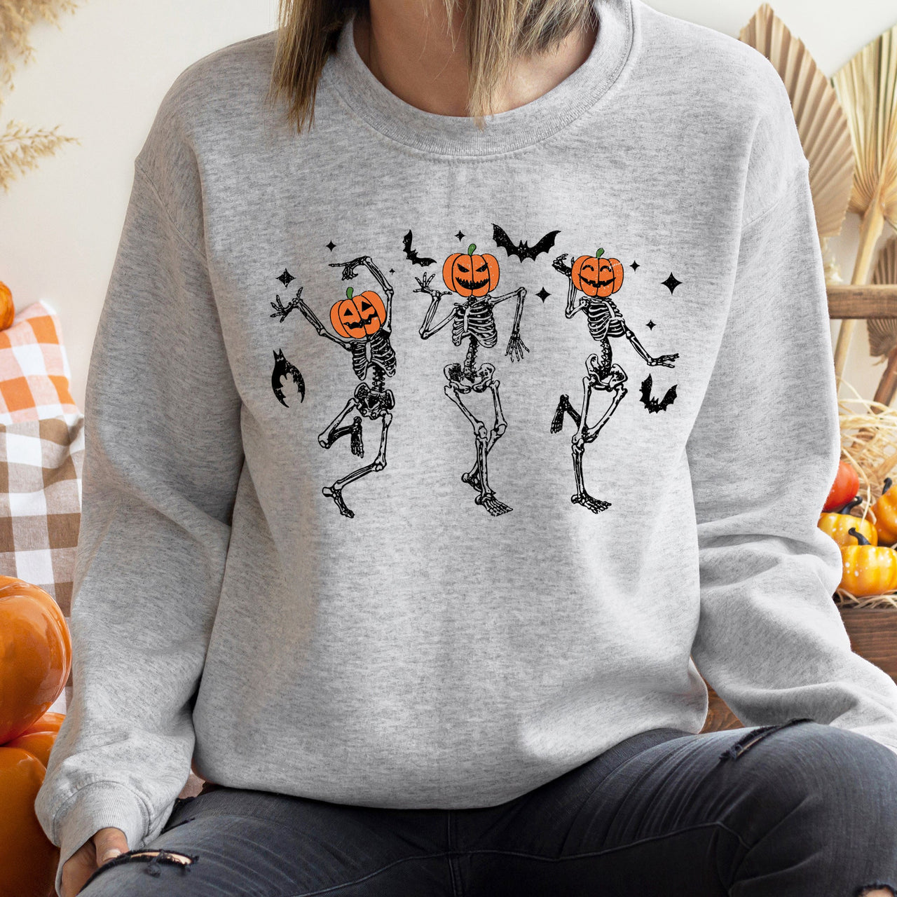 Dancing Pumpkins Halloween Night Scene With Playful Faces In Retro Autumn Graphic Sweatshirt