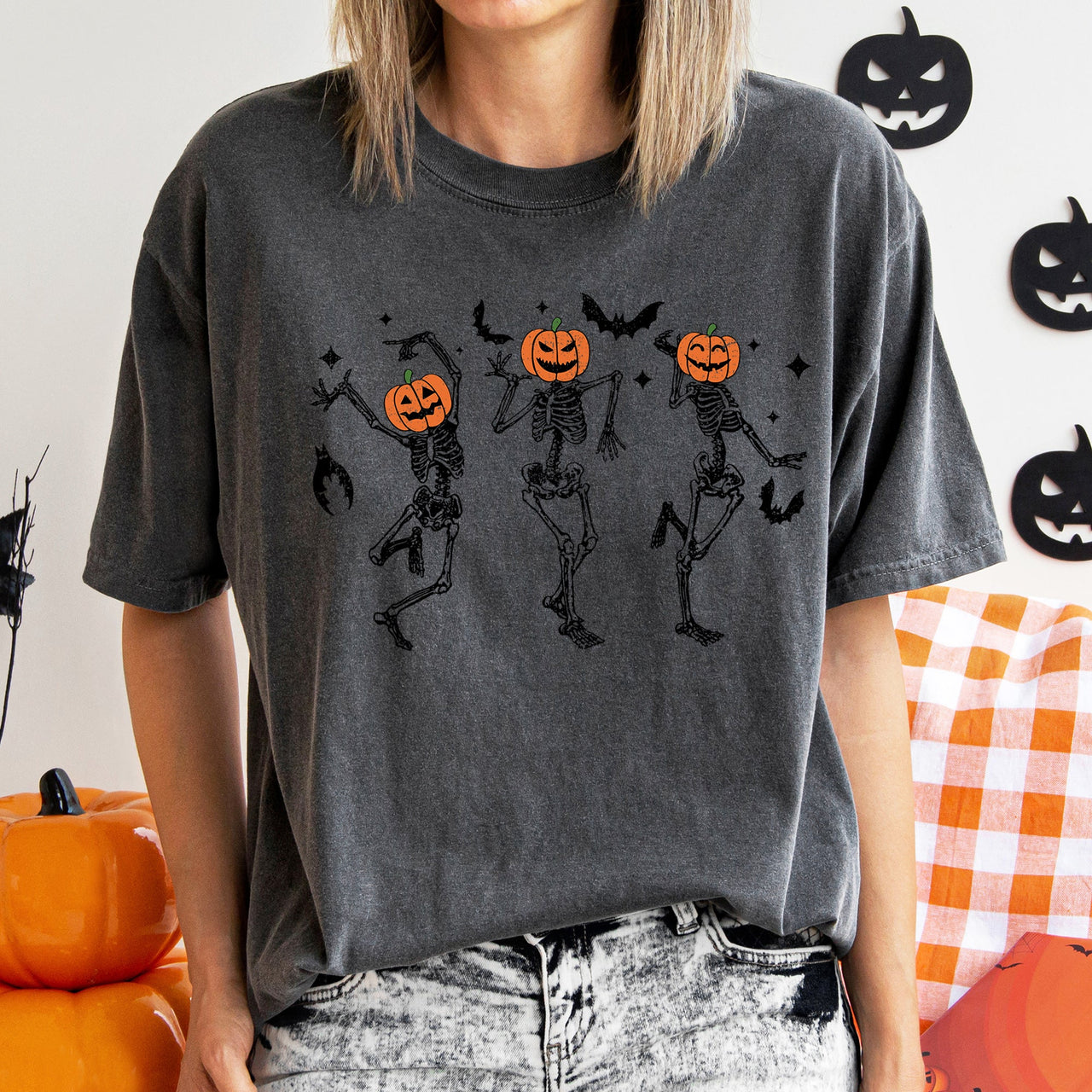 Dancing Pumpkin Skeletons Retro Halloween Night Parade Design Comfort Colors Tee
