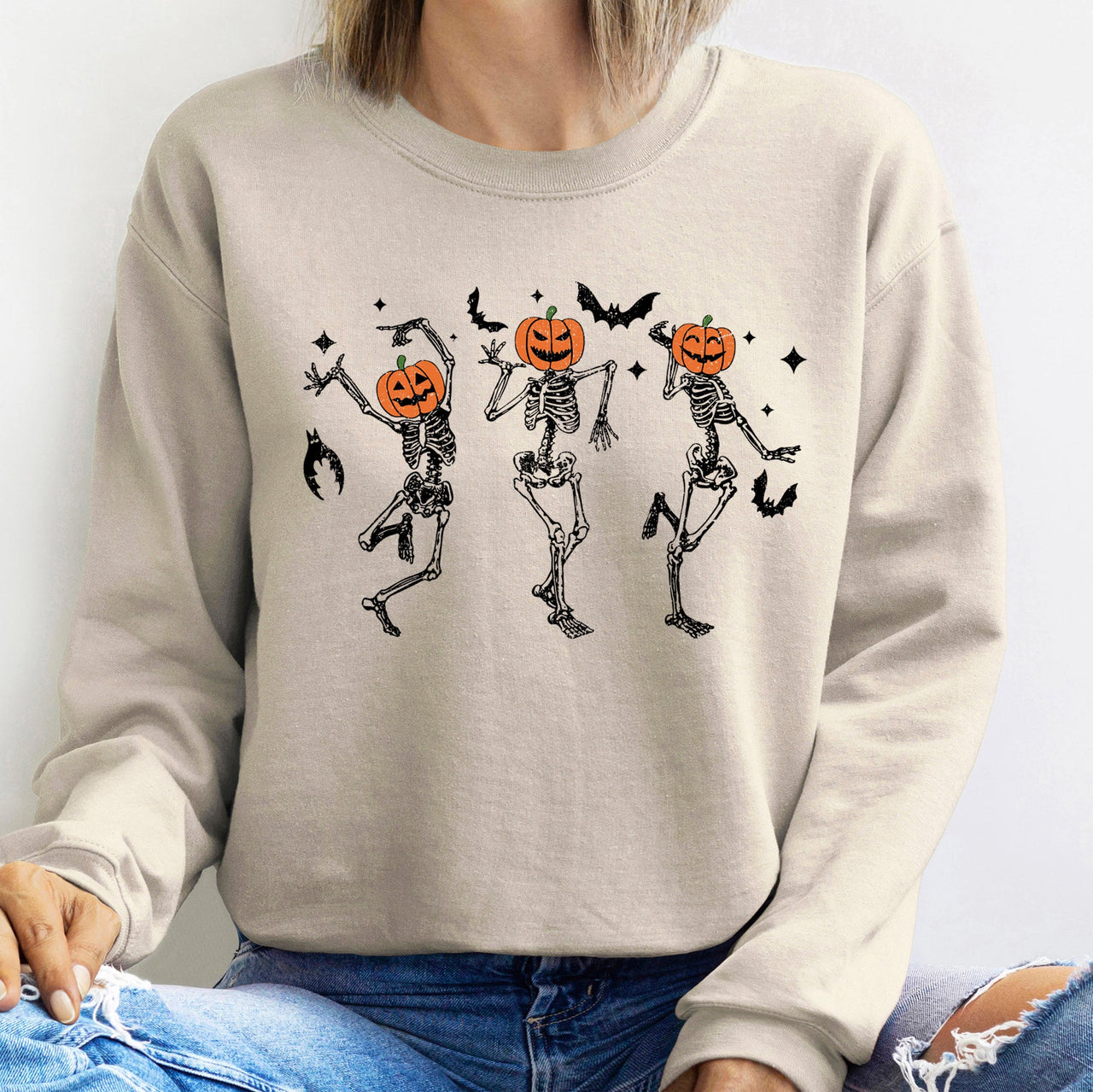 Dancing Pumpkins Halloween Night Scene With Playful Faces In Retro Autumn Graphic Sweatshirt