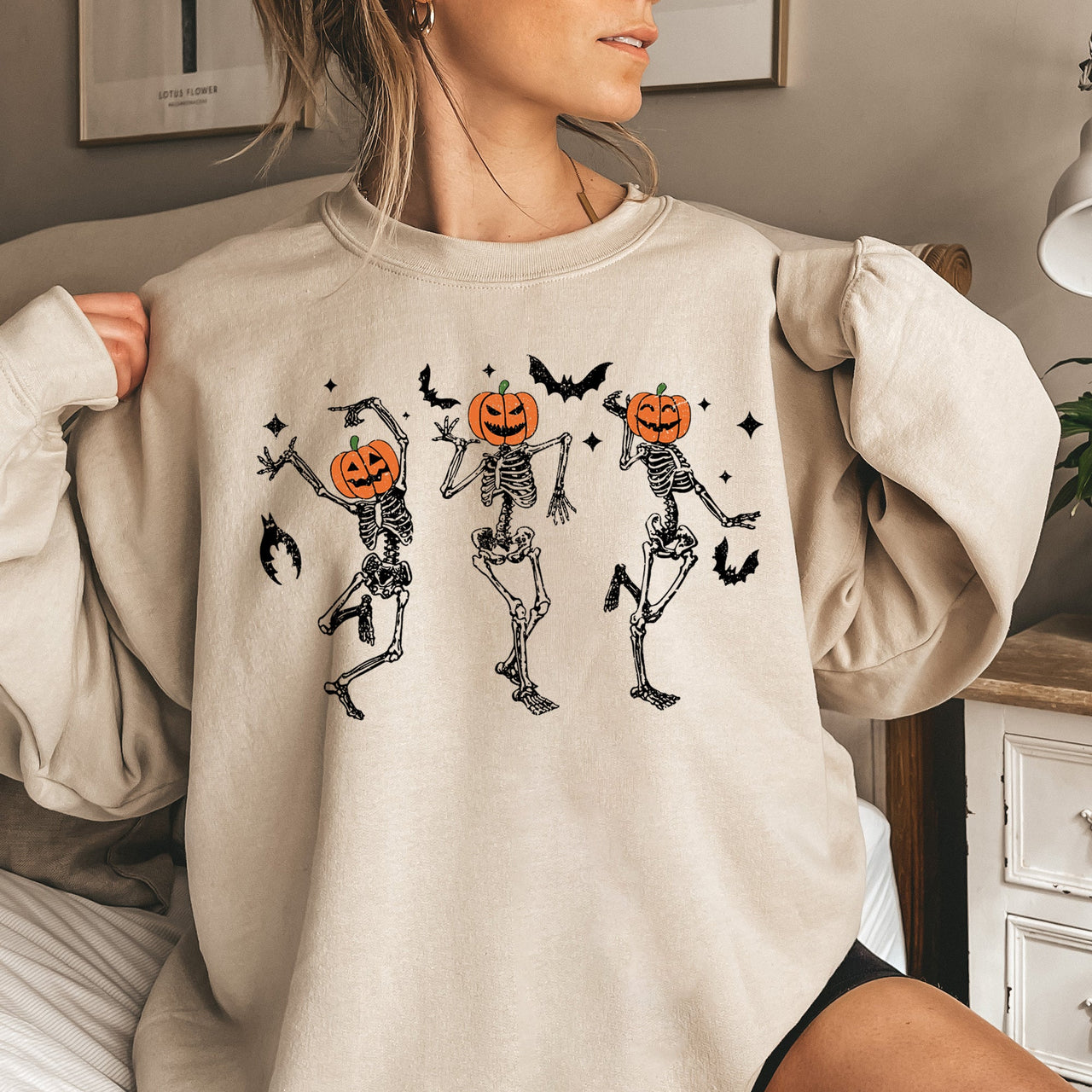 Dancing Pumpkins Halloween Night Scene With Playful Faces In Retro Autumn Graphic Sweatshirt