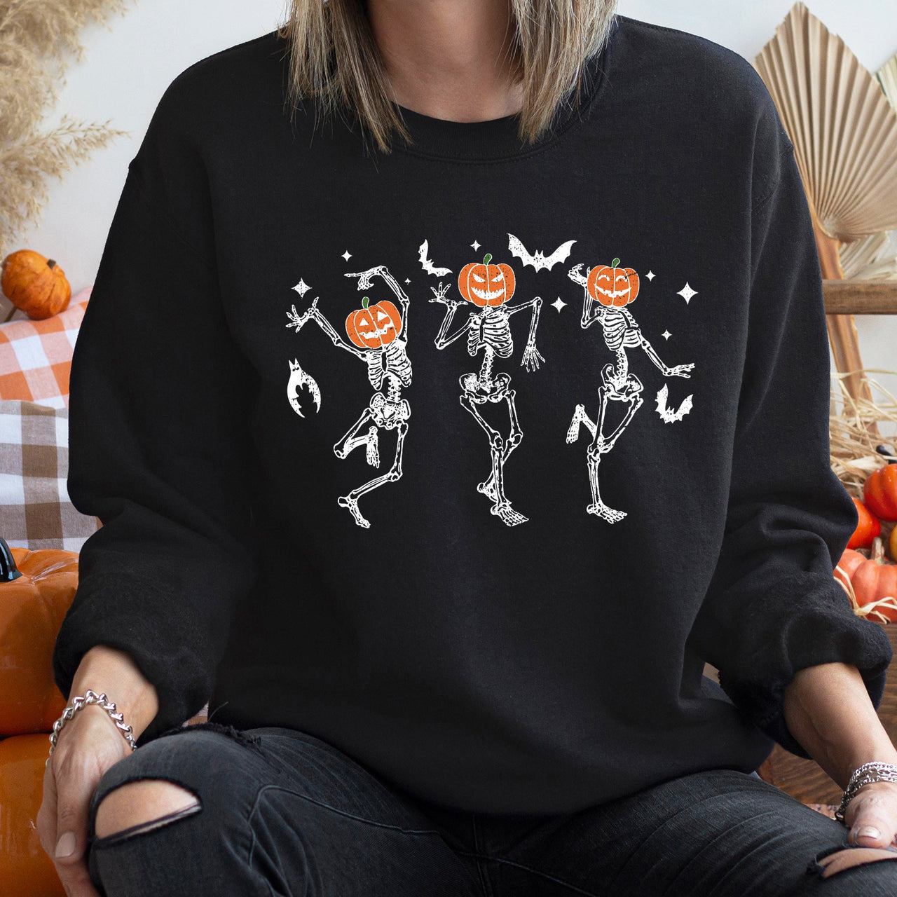 Dancing Pumpkin Heads Halloween Spooky Season Edition Vintage Inspired Cozy Nighttime Harvest Portraits Sweatshirt