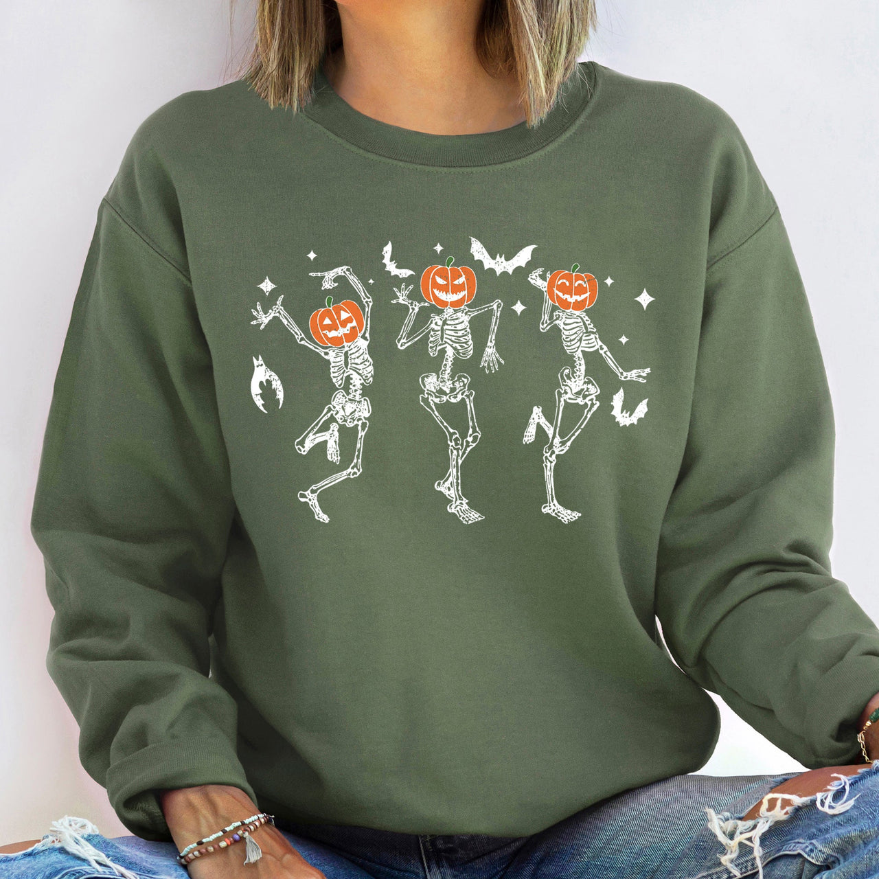 Dancing Pumpkin Heads Halloween Spooky Season Edition Vintage Inspired Cozy Nighttime Harvest Portraits Sweatshirt