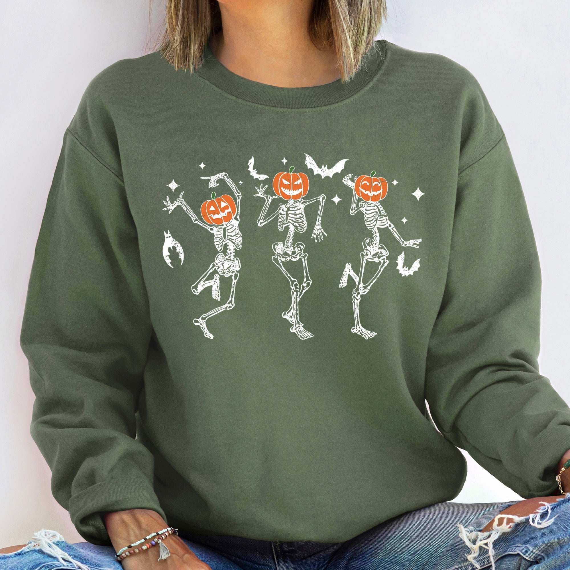 Dancing Pumpkin Heads Halloween Spooky Season Edition Vintage Inspired Cozy Nighttime Harvest Portraits Sweatshirt