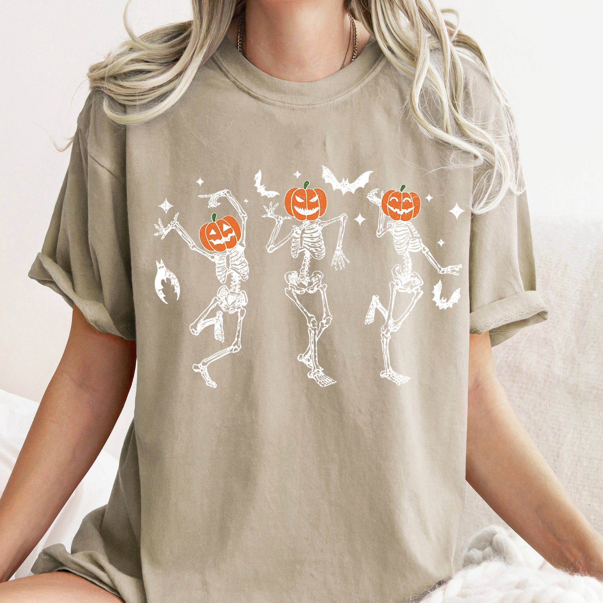 Dancing Pumpkin Skeletons Retro Halloween Comfort Colors Tee
