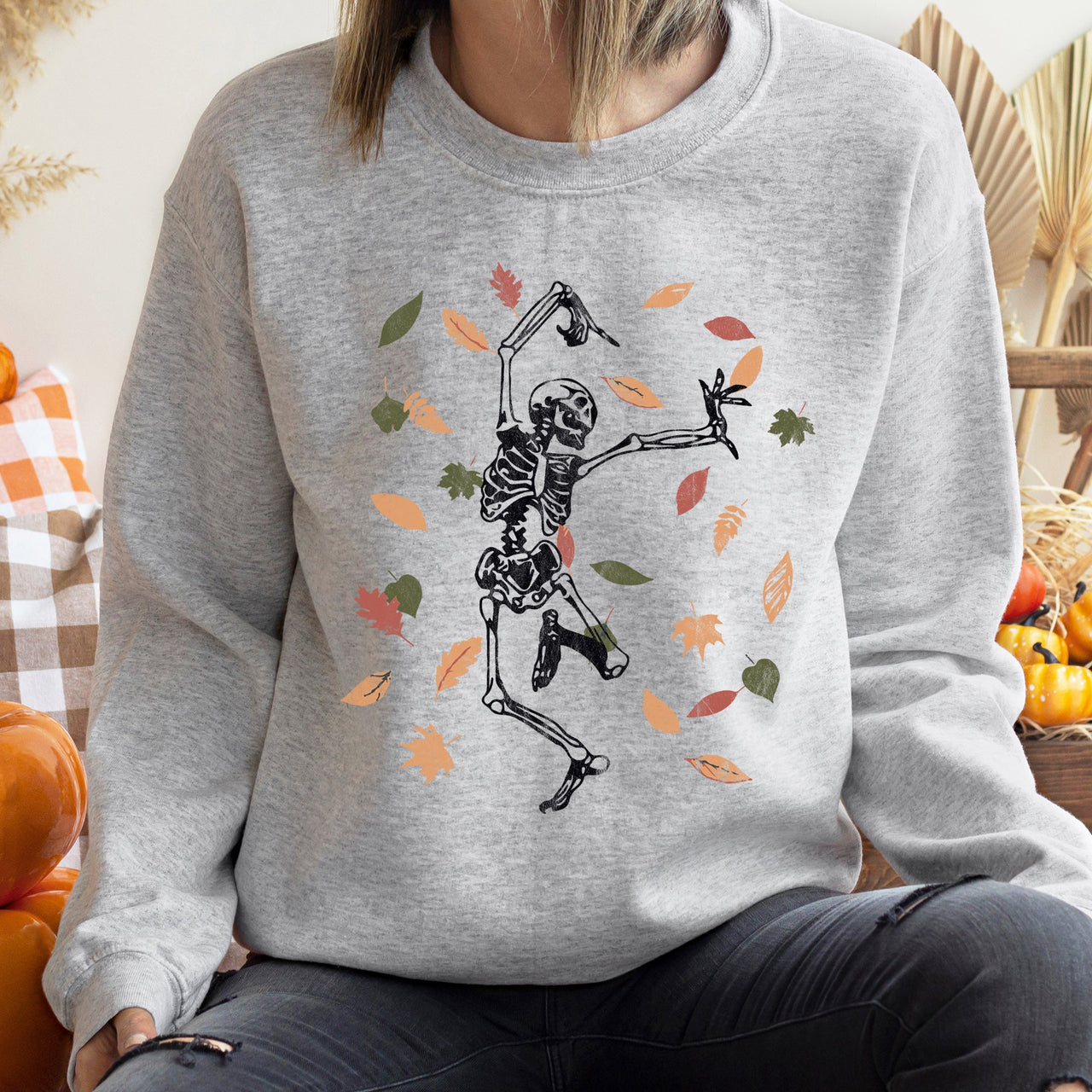 Dancing Skeleton Leaves Halloween Night Forest Parade Vibes Retro Gothic Spirit Sweatshirt