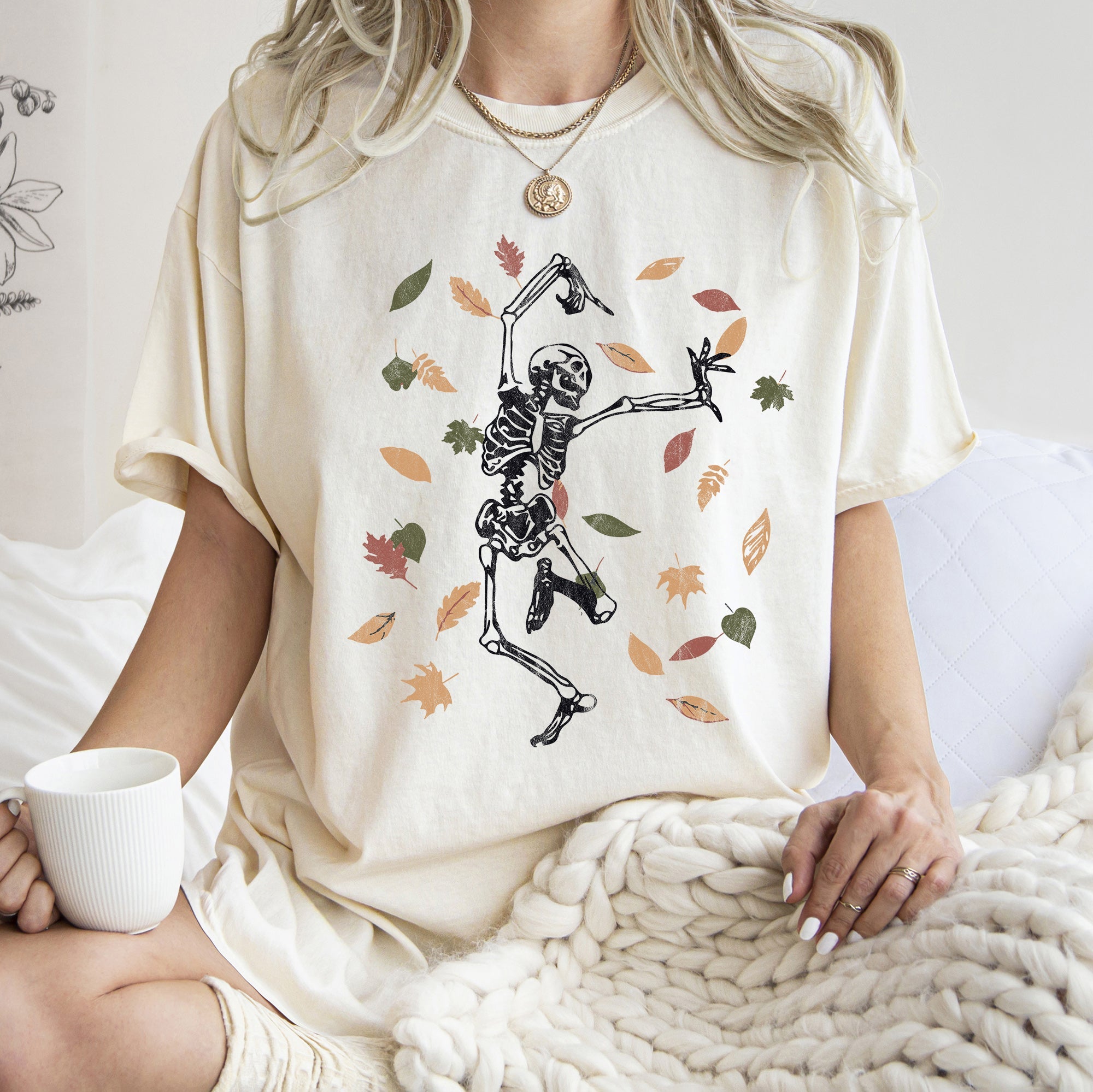Dancing Skeleton And Leaves Retro Halloween Night Parade Scene Comfort Colors Tee