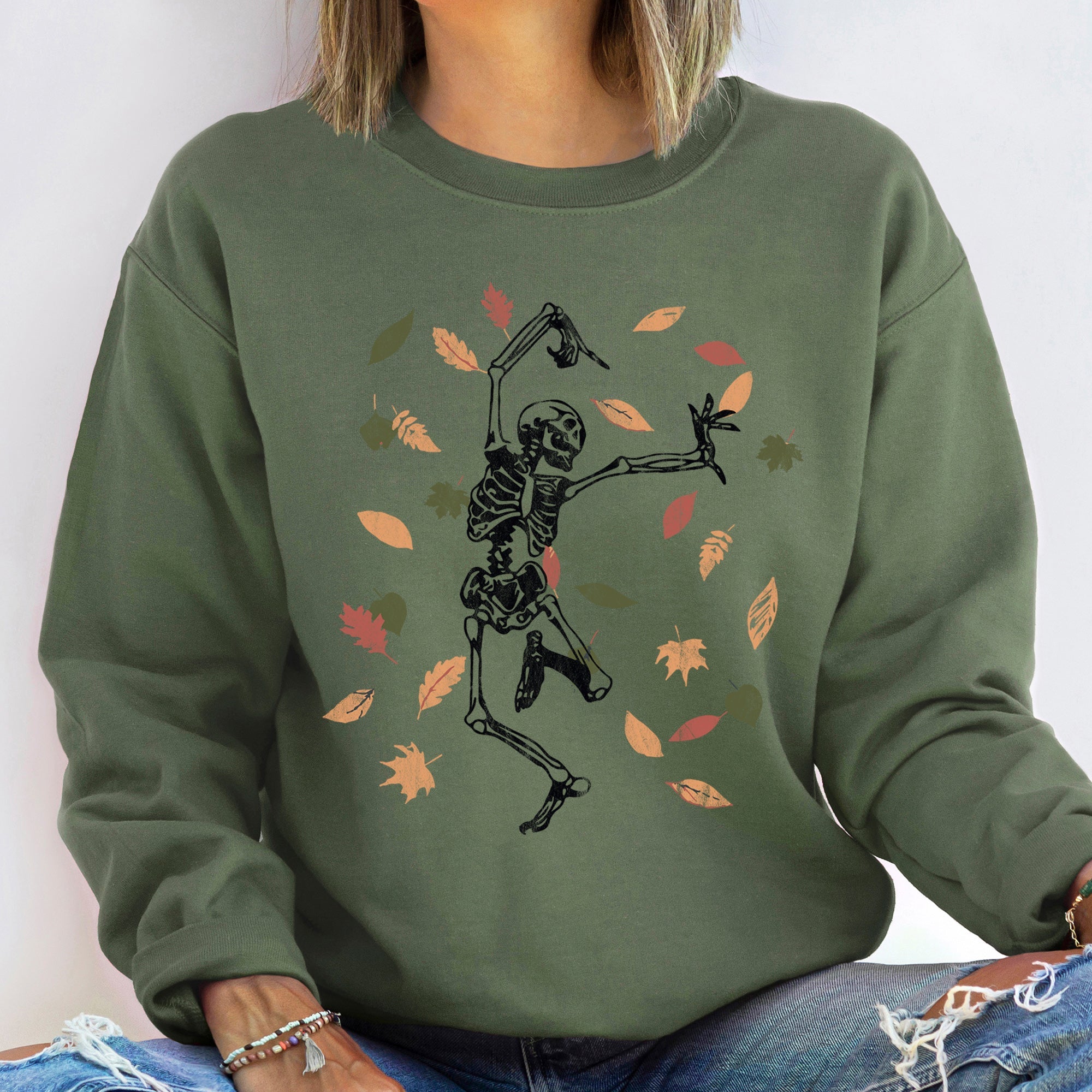 Dancing Skeleton Leaves Halloween Night Forest Parade Vibes Retro Gothic Spirit Sweatshirt