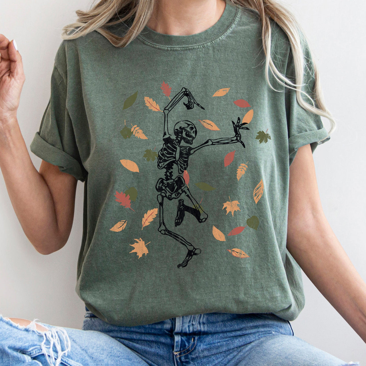 Dancing Skeleton And Leaves Retro Halloween Night Parade Scene Comfort Colors Tee