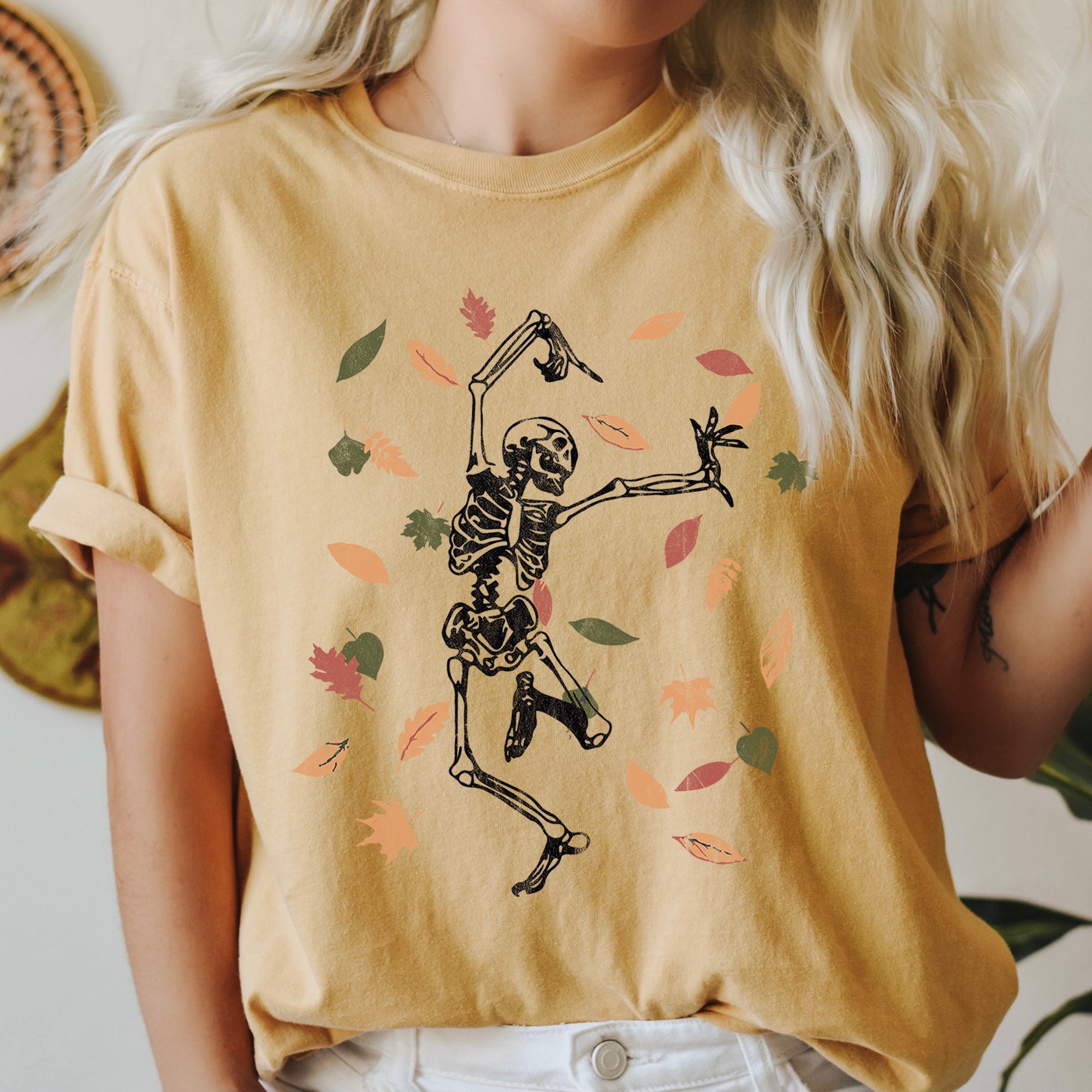 Dancing Skeleton And Leaves Retro Halloween Night Parade Scene Comfort Colors Tee