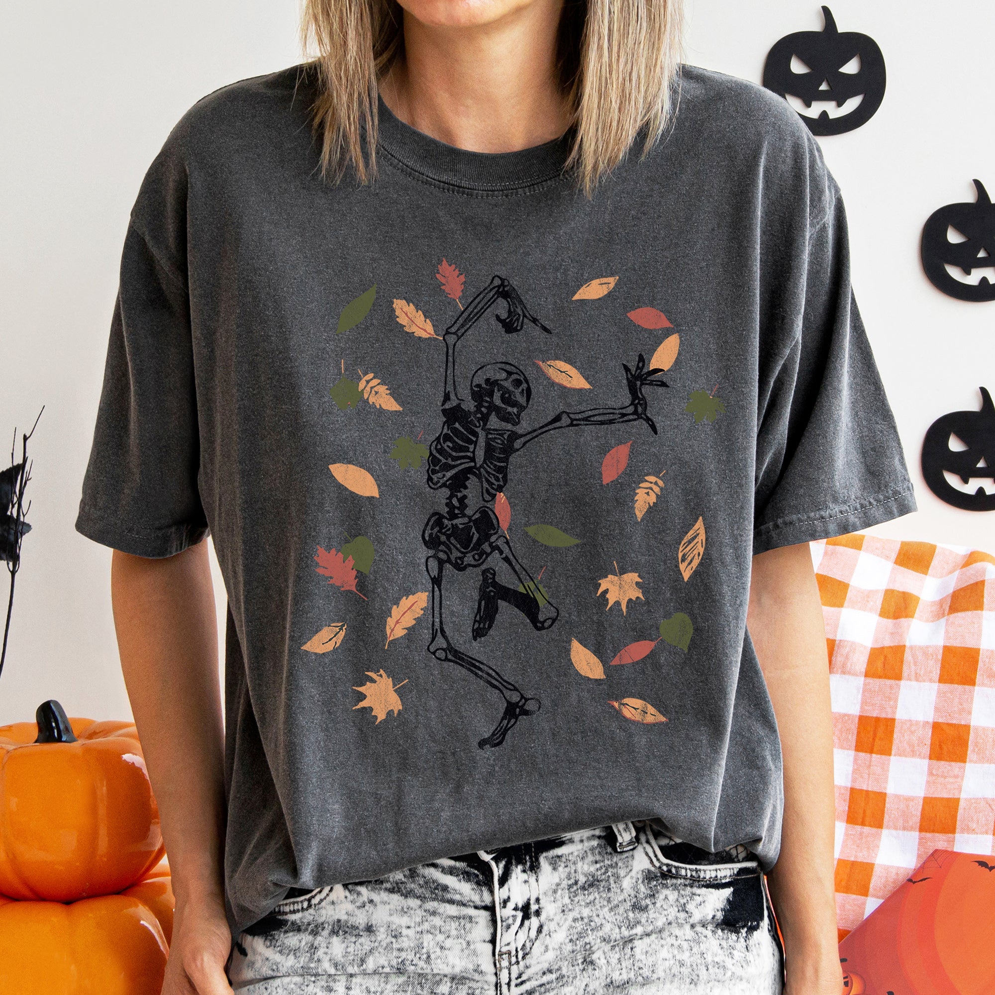 Dancing Skeleton And Leaves Retro Halloween Night Parade Scene Comfort Colors Tee