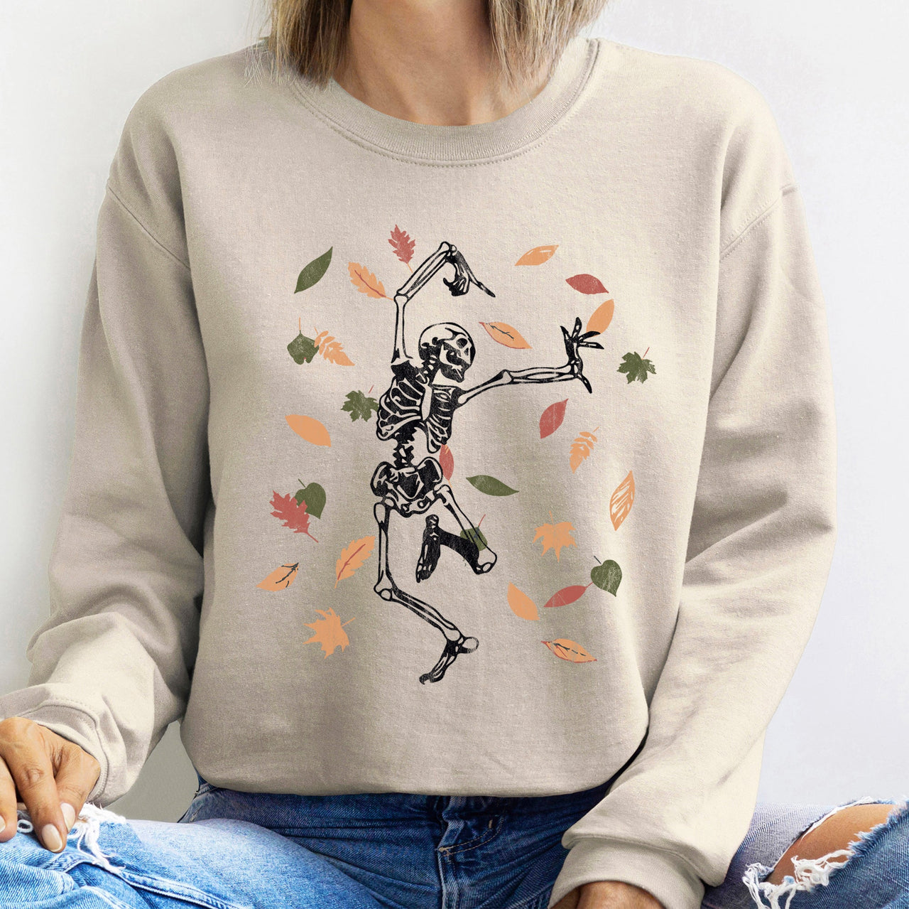 Dancing Skeleton Leaves Halloween Night Forest Parade Vibes Retro Gothic Spirit Sweatshirt