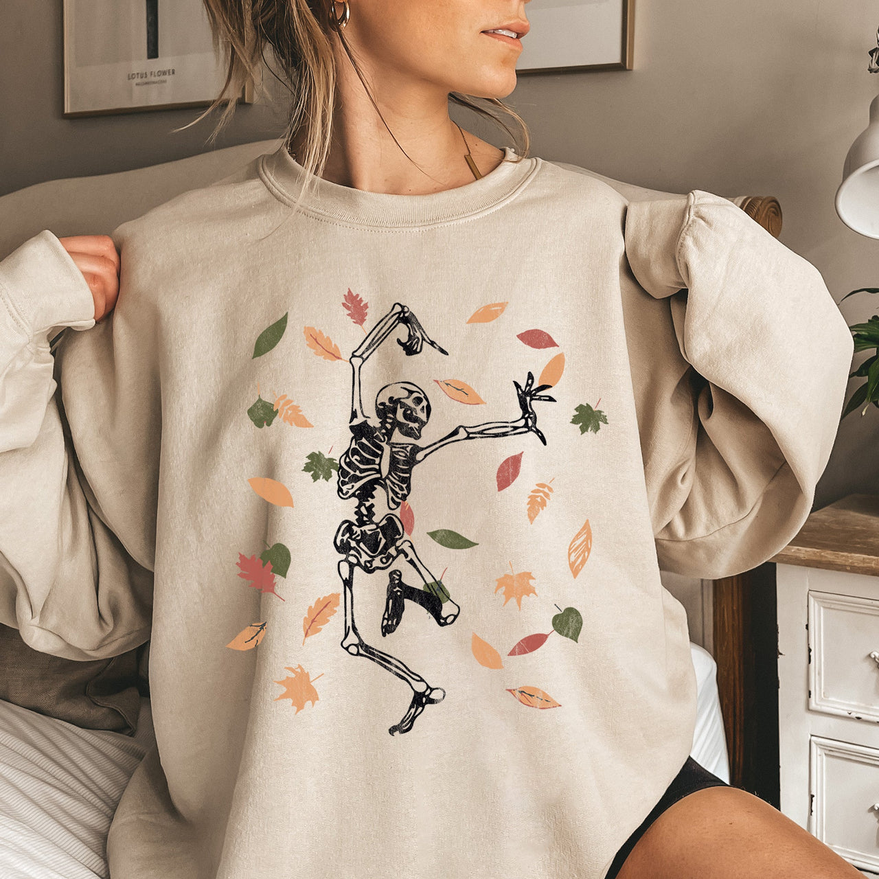 Dancing Skeleton Leaves Halloween Night Forest Parade Vibes Retro Gothic Spirit Sweatshirt