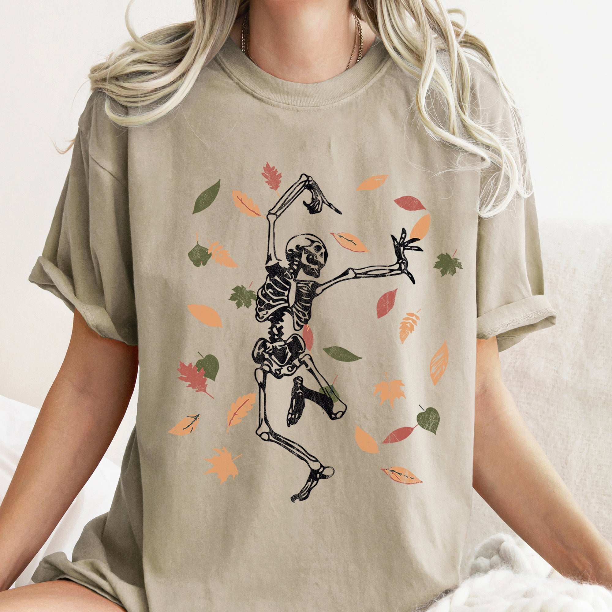 Dancing Skeleton And Leaves Retro Halloween Night Parade Scene Comfort Colors Tee