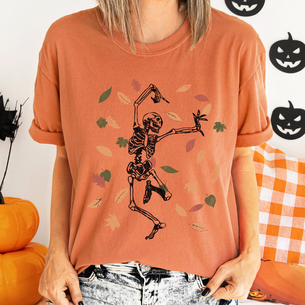 Dancing Skeleton And Leaves Retro Halloween Night Parade Scene Comfort Colors Tee