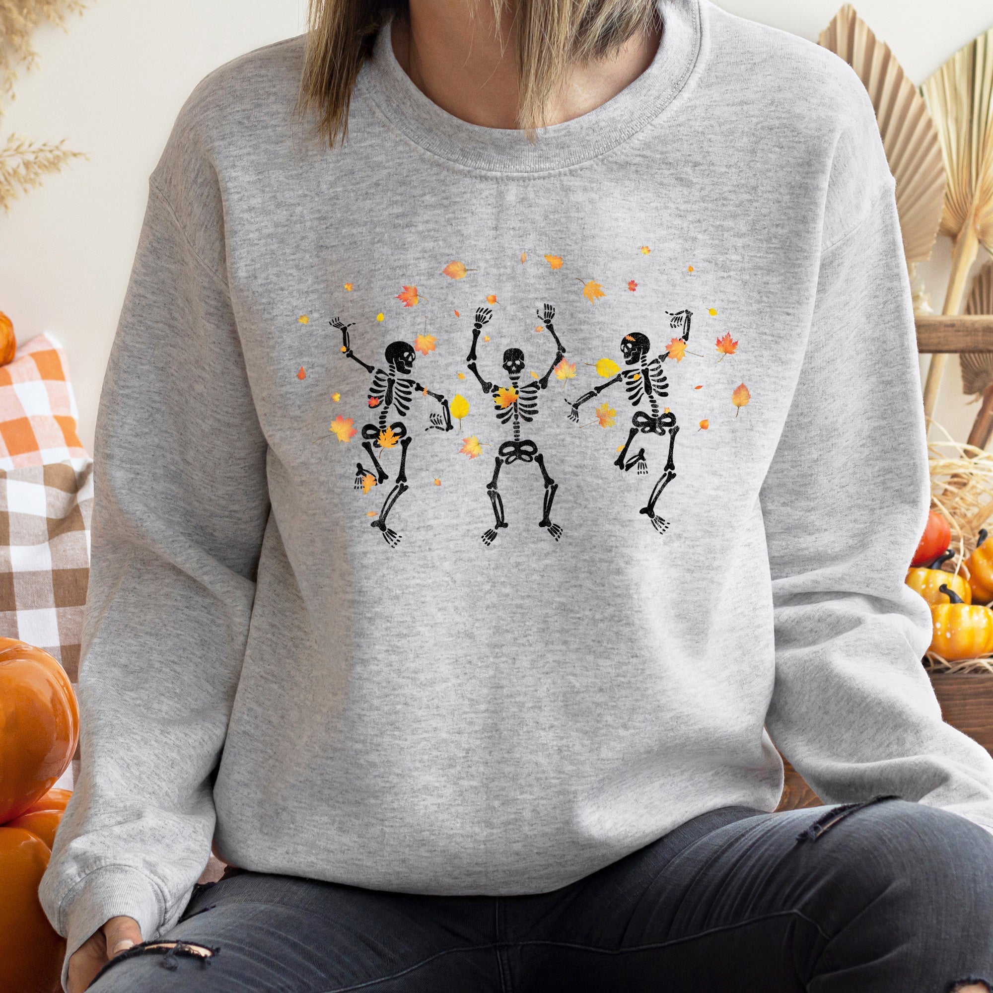 Dancing Skeletons Leaves Halloween Scene With Autumn Leaves And Moonlit Night Sweatshirt