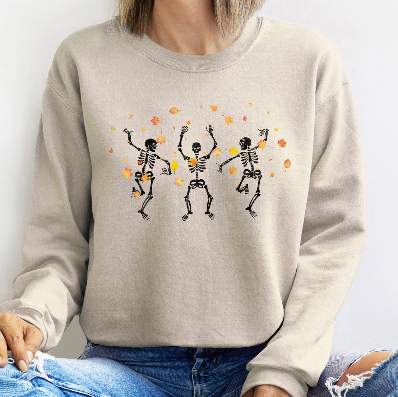 Dancing Skeletons Leaves Halloween Scene With Autumn Leaves And Moonlit Night Sweatshirt