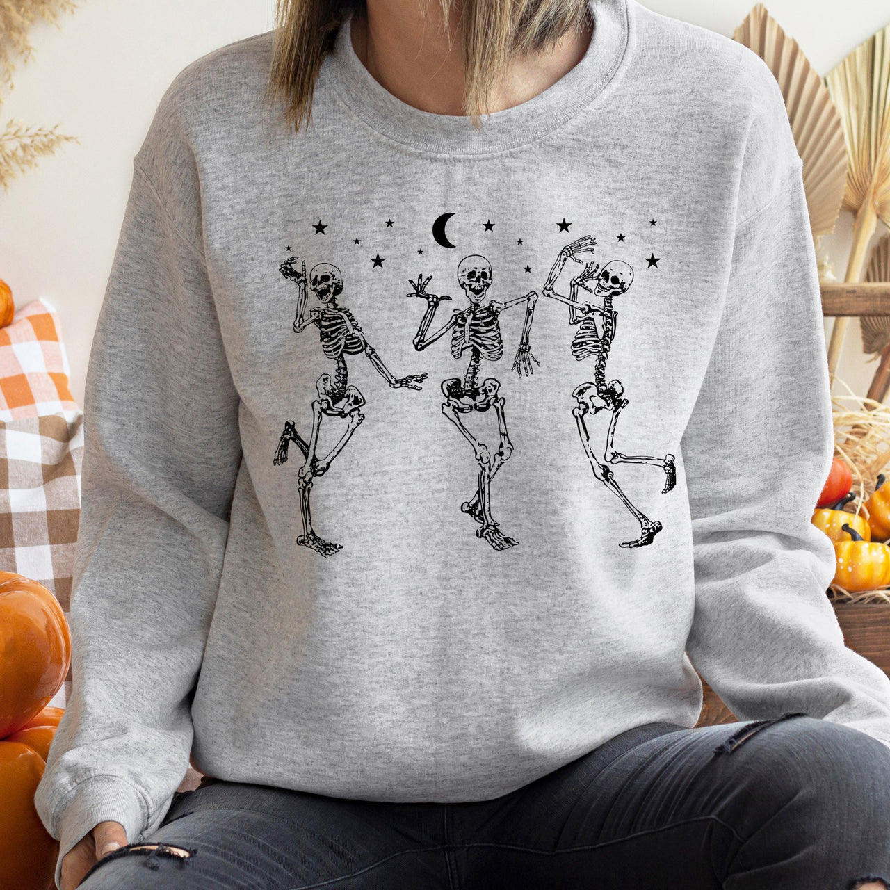 Dancing Skeletons Moonlit Halloween Night Celebration Silhouette Scene Sweatshirt