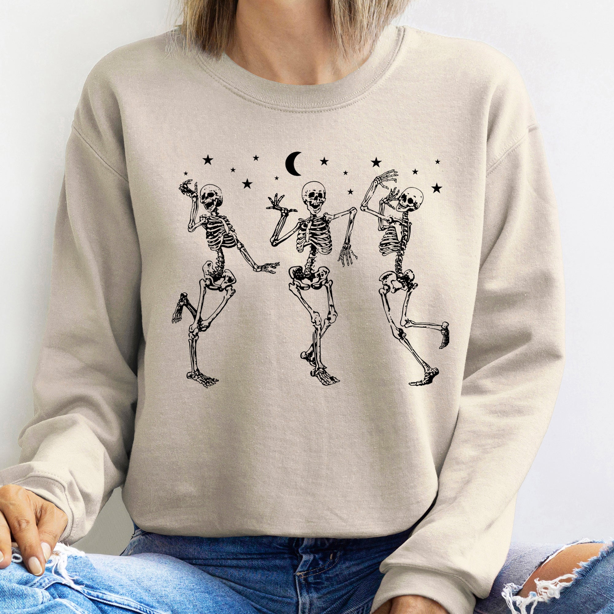 Dancing Skeletons Moonlit Halloween Night Celebration Silhouette Scene Sweatshirt